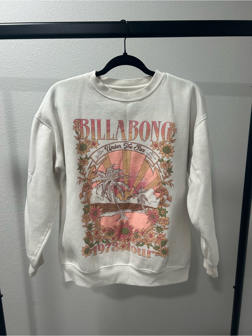 Billabong Cream Crewneck Sweatshirt with Pink & Peach Surf Graphic